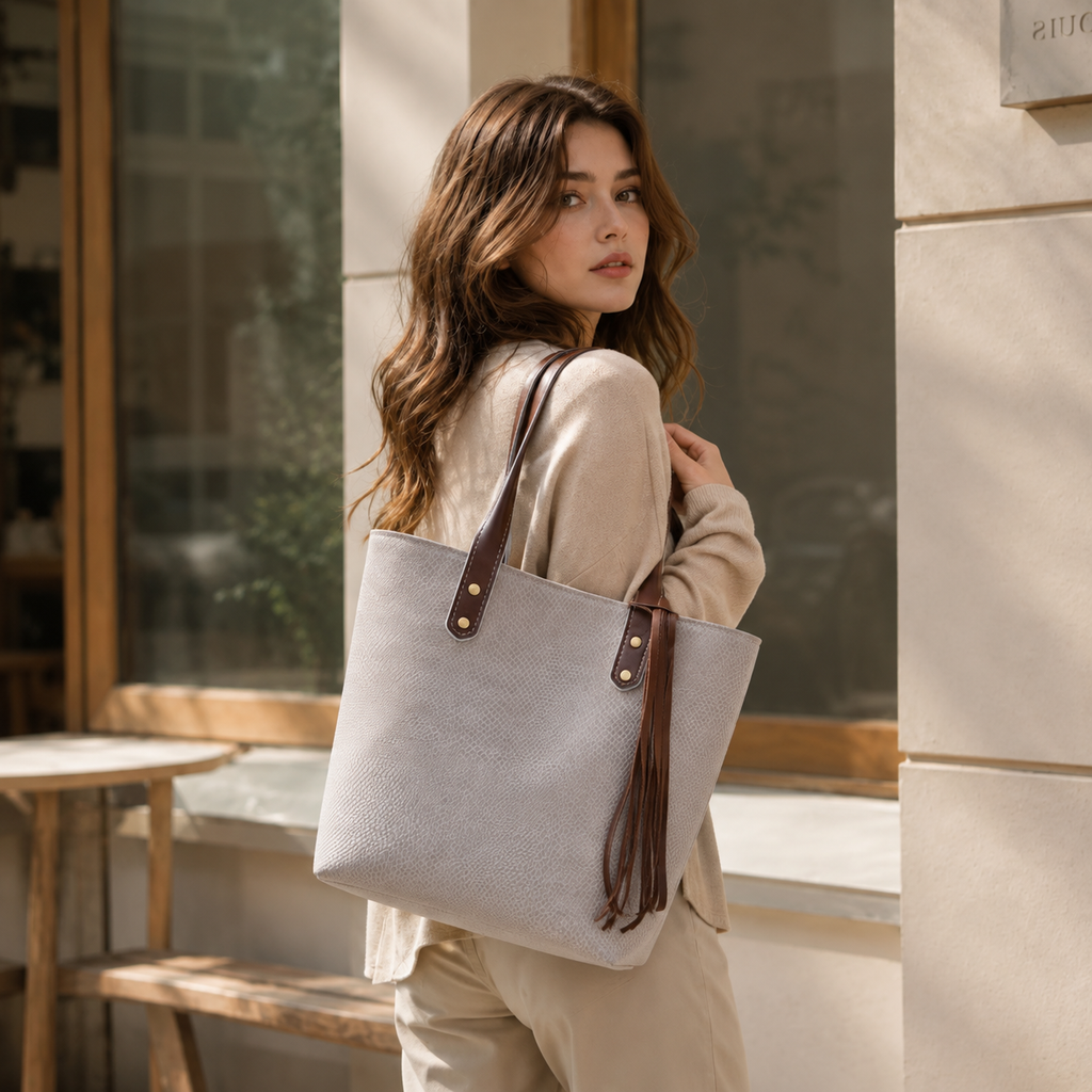 Ivory Snake-Embossed Leather Bucket Tote with Fringe