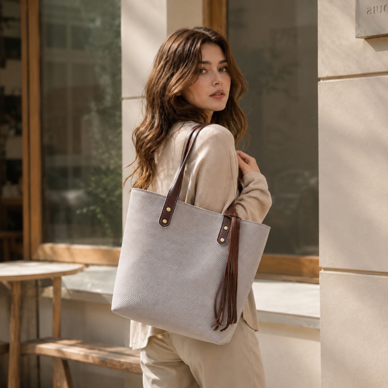 Ivory Snake-Embossed Leather Bucket Tote with Fringe